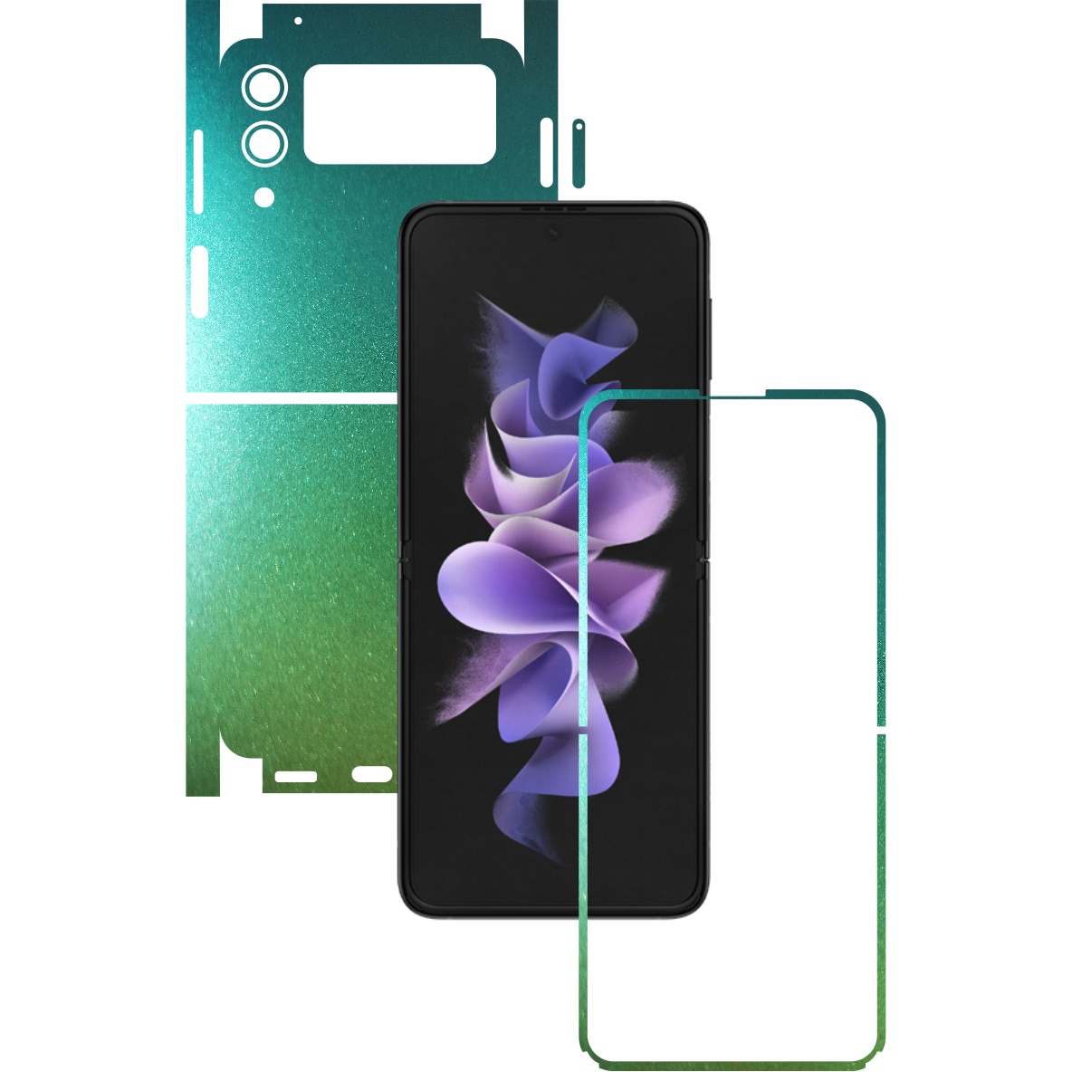 Folie Protectie Carbon Skinz pentru Samsung Galaxy Z Flip3 5G - Color Shift Aquamarine 360 Cut, Skin Adeziv Full Body Cover pentru Rama Ecran, Carcasa Spate si Laterale