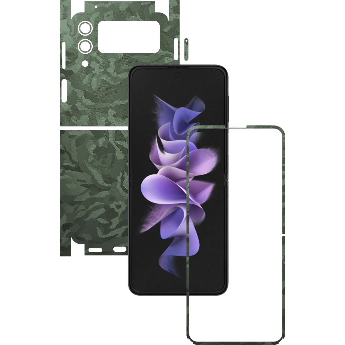 Folie Protectie Carbon Skinz pentru Samsung Galaxy Z Flip3 5G - Camo Verde Military Green Shadow 360 Cut, Skin Adeziv Full Body Cover pentru Rama Ecran, Carcasa Spate si Laterale