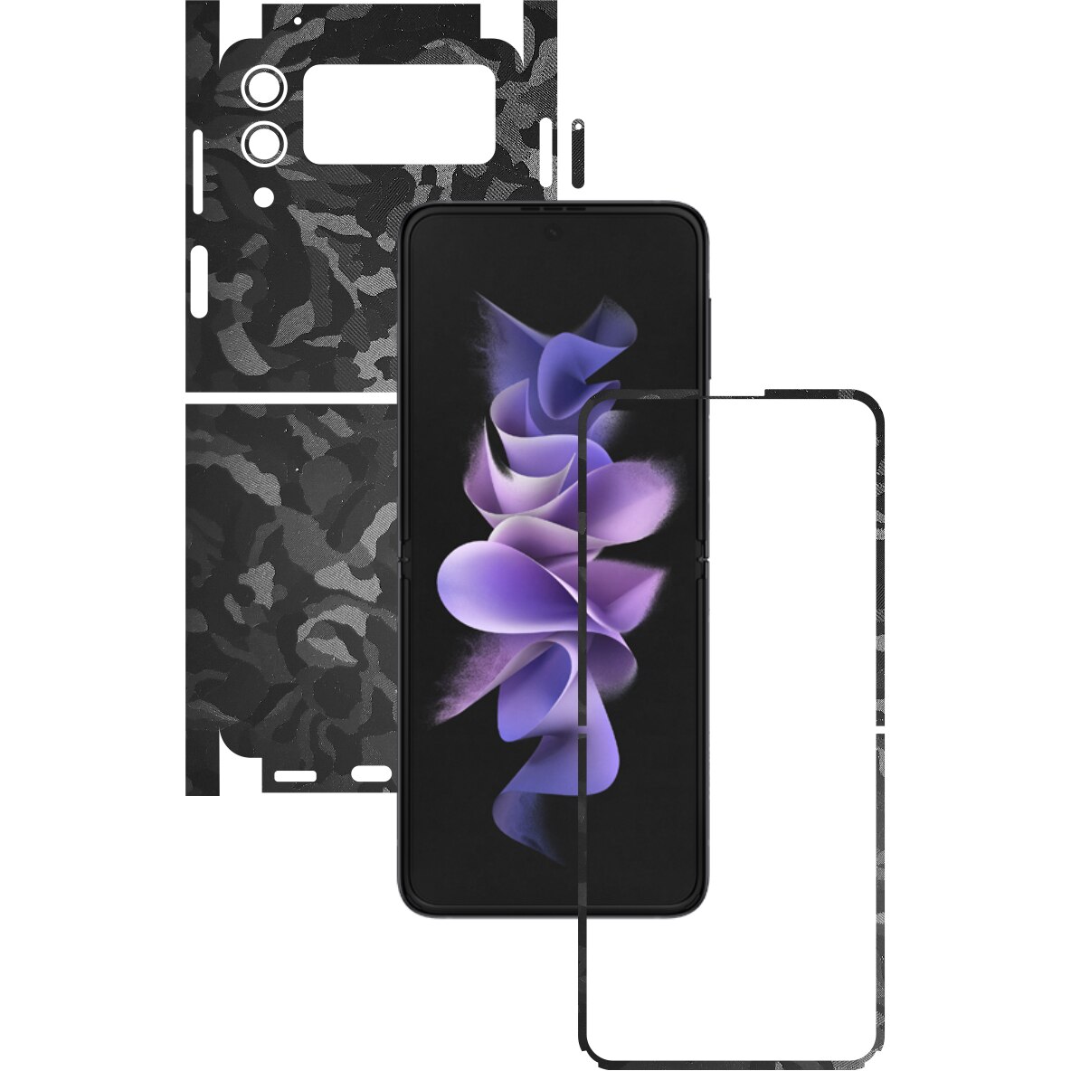 Folie Protectie Carbon Skinz pentru Samsung Galaxy Z Flip3 5G - Camo Negru Black Shadow 360 Cut, Skin Adeziv Full Body Cover pentru Rama Ecran, Carcasa Spate si Laterale