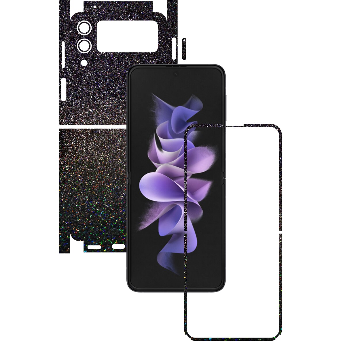 Folie Protectie Carbon Skinz pentru Samsung Galaxy Z Flip3 5G - Black Galactic Gold 360 Cut, Skin Adeziv Full Body Cover pentru Rama Ecran, Carcasa Spate si Laterale