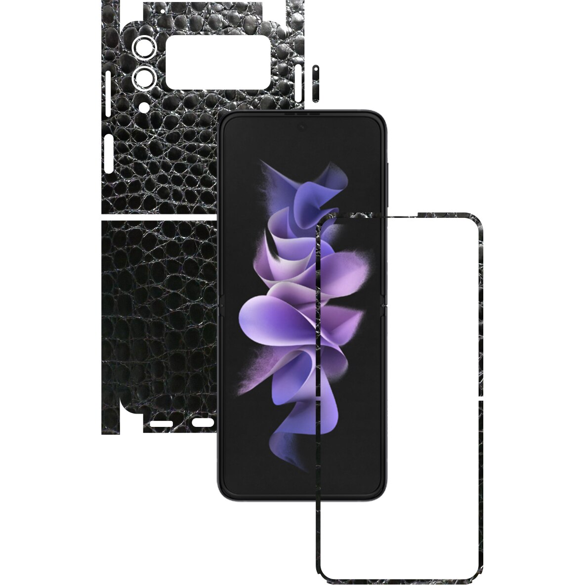 Folie Protectie Carbon Skinz pentru Samsung Galaxy Z Flip3 5G - Piele Neagra Crocodil 360 Cut, Skin Adeziv Full Body Cover pentru Rama Ecran, Carcasa Spate si Laterale