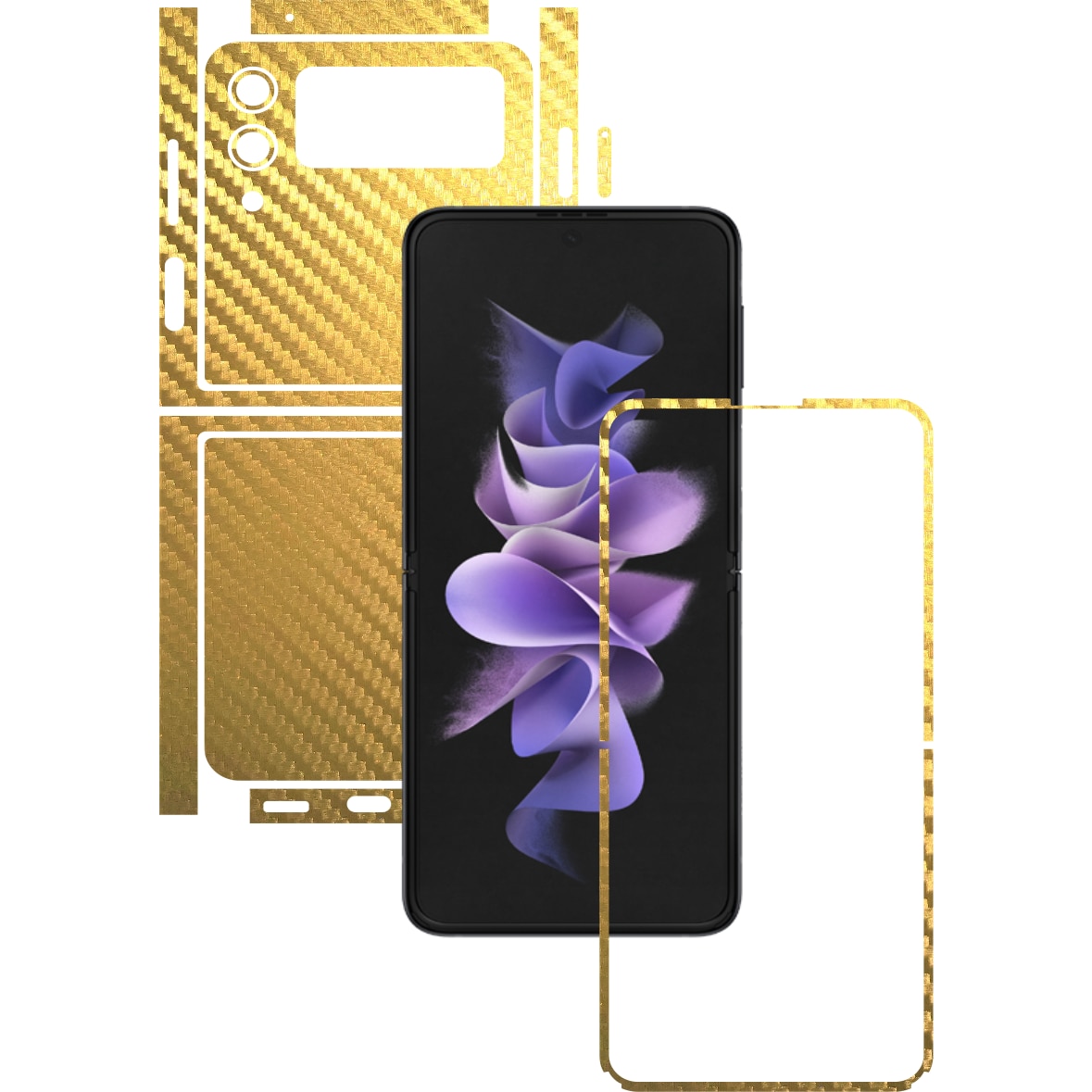 Folie Protectie Carbon Skinz pentru Samsung Galaxy Z Flip3 5G - Carbon Auriu Split Cut, Skin Adeziv Full Body Cover pentru Rama Ecran, Carcasa Spate si Laterale