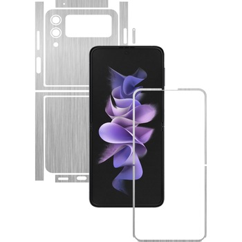 Folie Protectie Carbon Skinz pentru Samsung Galaxy Z Flip3 5G - Brushed Argintiu Split Cut, Skin Adeziv Full Body Cover pentru Rama Ecran, Carcasa Spate si Laterale