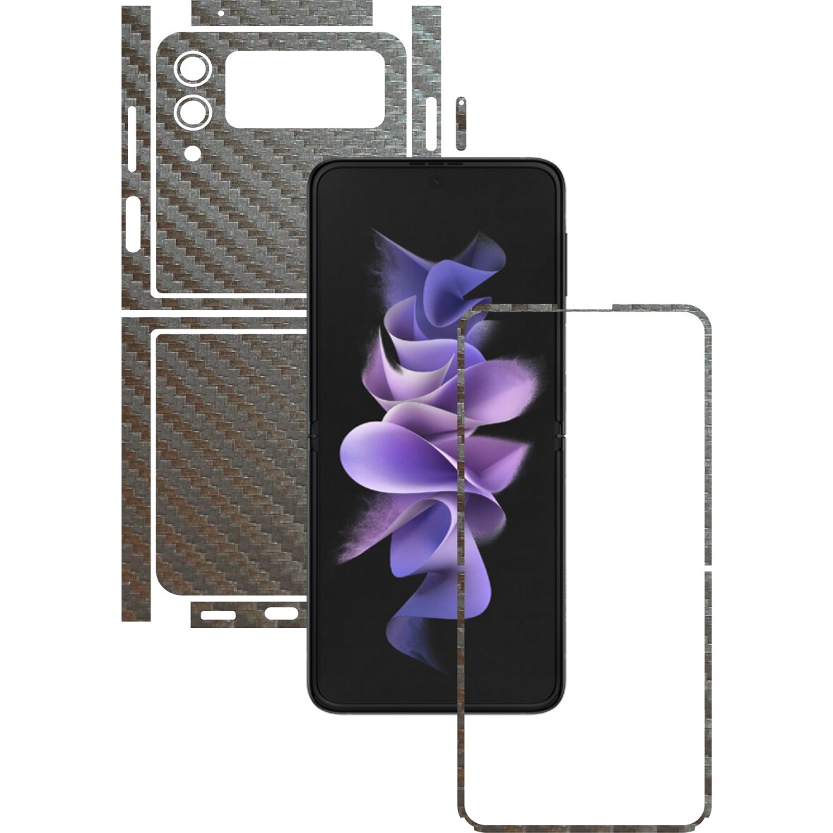 Folie Protectie Carbon Skinz pentru Samsung Galaxy Z Flip3 5G - Carbon Gri Argintiu Split Cut, Skin Adeziv Full Body Cover pentru Rama Ecran, Carcasa Spate si Laterale
