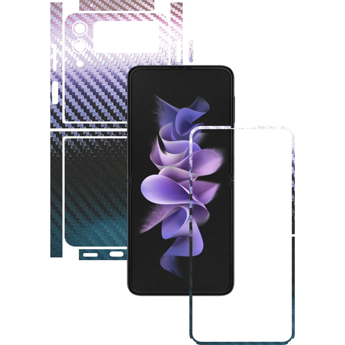 Folie Protectie Carbon Skinz pentru Samsung Galaxy Z Flip3 5G - Carbon Cameleon Split Cut, Skin Adeziv Full Body Cover pentru Rama Ecran, Carcasa Spate si Laterale