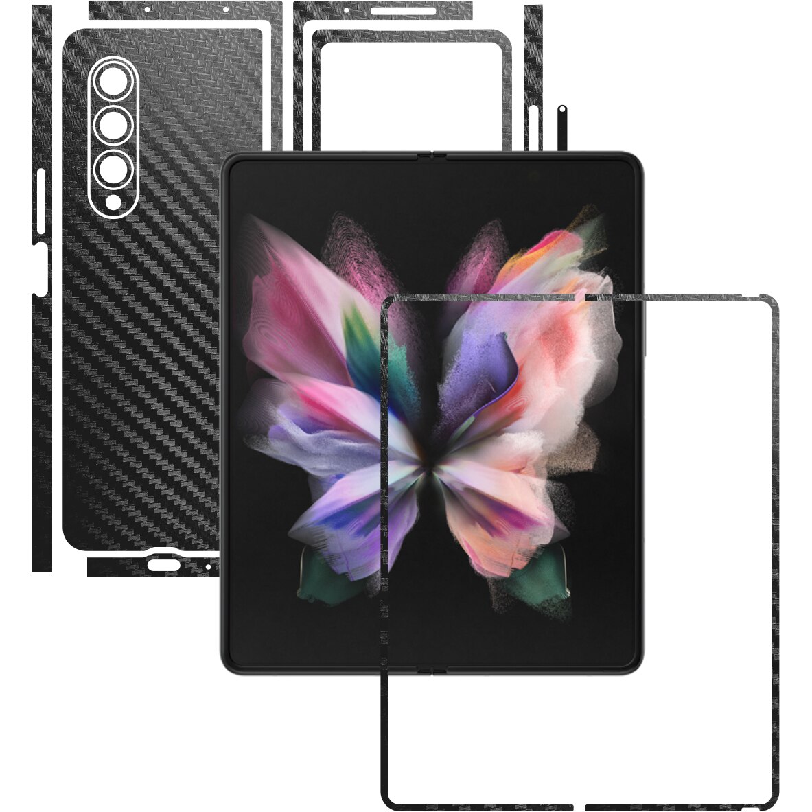 Folie Protectie Carbon Skinz pentru Samsung Galaxy Z Fold3 5G - Carbon Negru Split Cut, Skin Adeziv Full Body Cover pentru Rama Ecran, Carcasa Spate si Laterale
