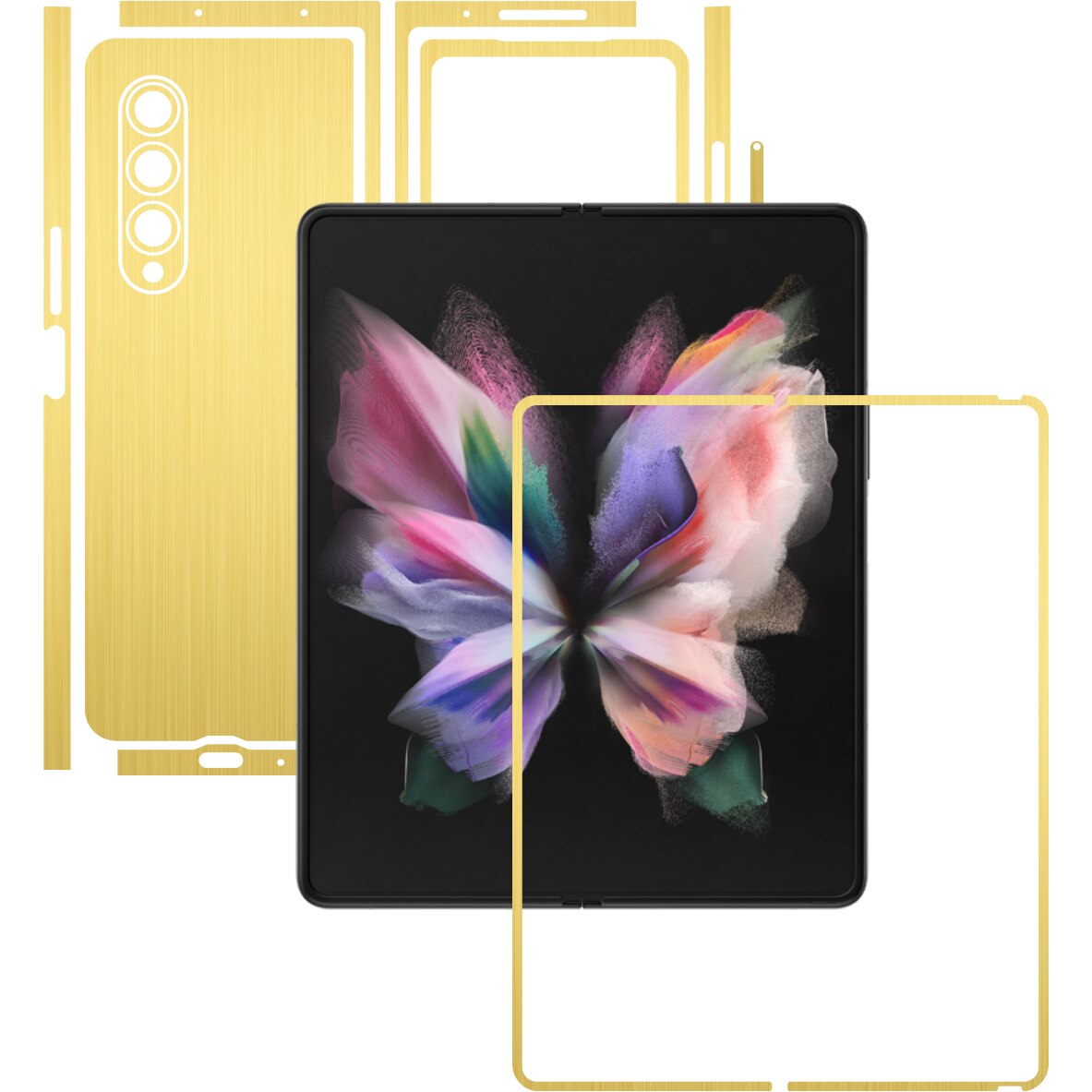 Folie Protectie Carbon Skinz pentru Samsung Galaxy Z Fold3 5G - Brushed Auriu Split Cut, Skin Adeziv Full Body Cover pentru Rama Ecran, Carcasa Spate si Laterale