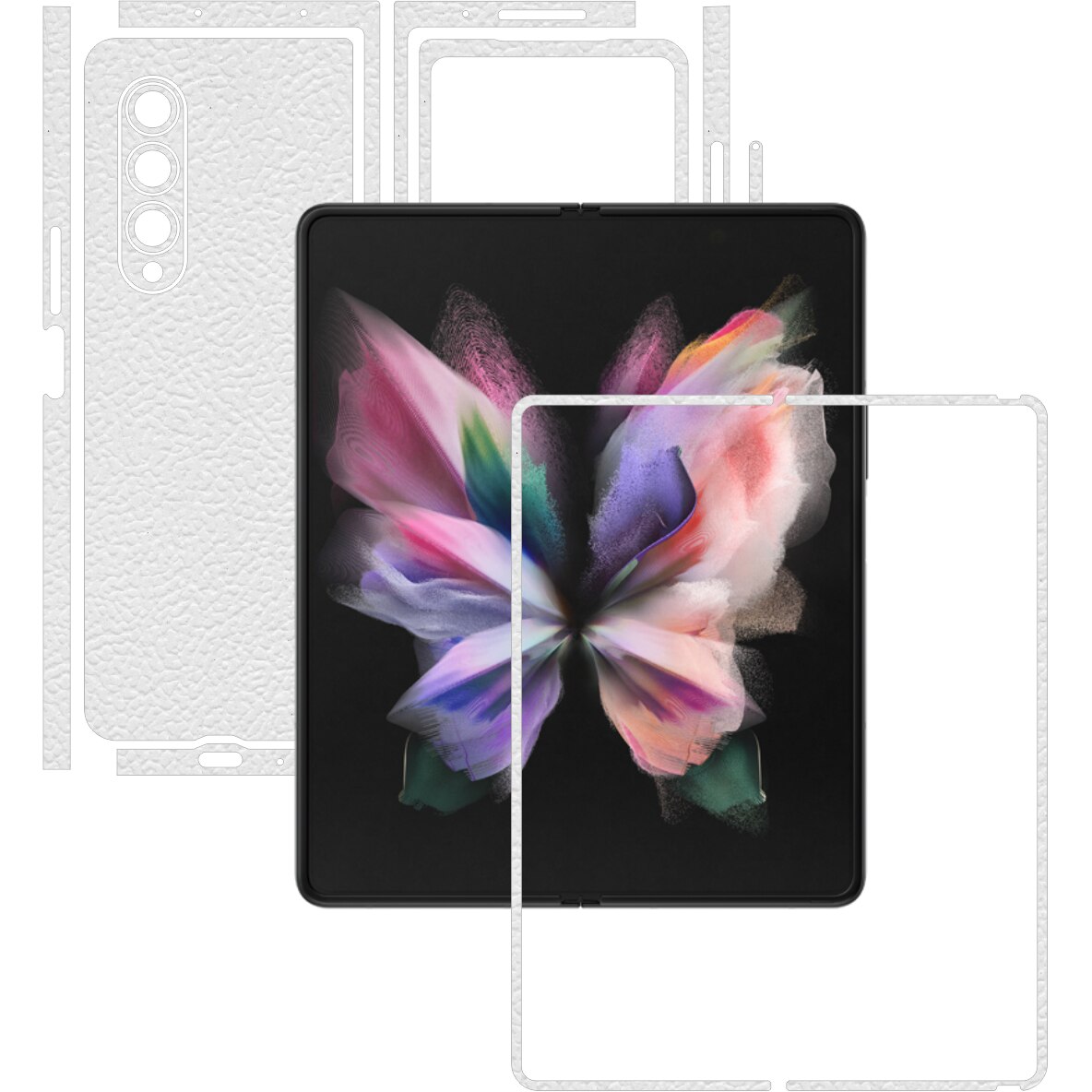 Folie Protectie Carbon Skinz pentru Samsung Galaxy Z Fold3 5G - Piele Alba Split Cut, Skin Adeziv Full Body Cover pentru Rama Ecran, Carcasa Spate si Laterale