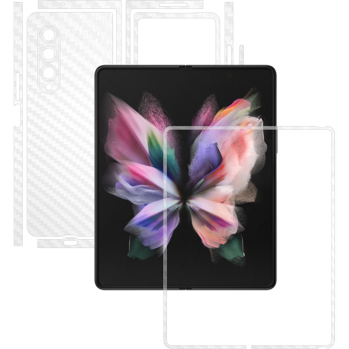 Folie Protectie Carbon Skinz pentru Samsung Galaxy Z Fold3 5G - Carbon Transparent Split Cut, Skin Adeziv Full Body Cover pentru Rama Ecran, Carcasa Spate si Laterale