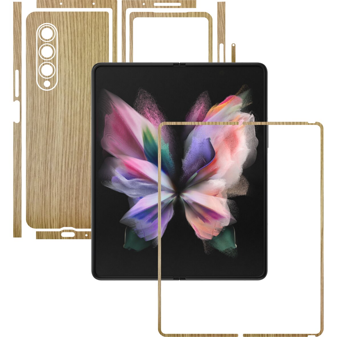 Folie Protectie Carbon Skinz pentru Samsung Galaxy Z Fold3 5G - Lemn Stejar Split Cut, Skin Adeziv Full Body Cover pentru Rama Ecran, Carcasa Spate si Laterale