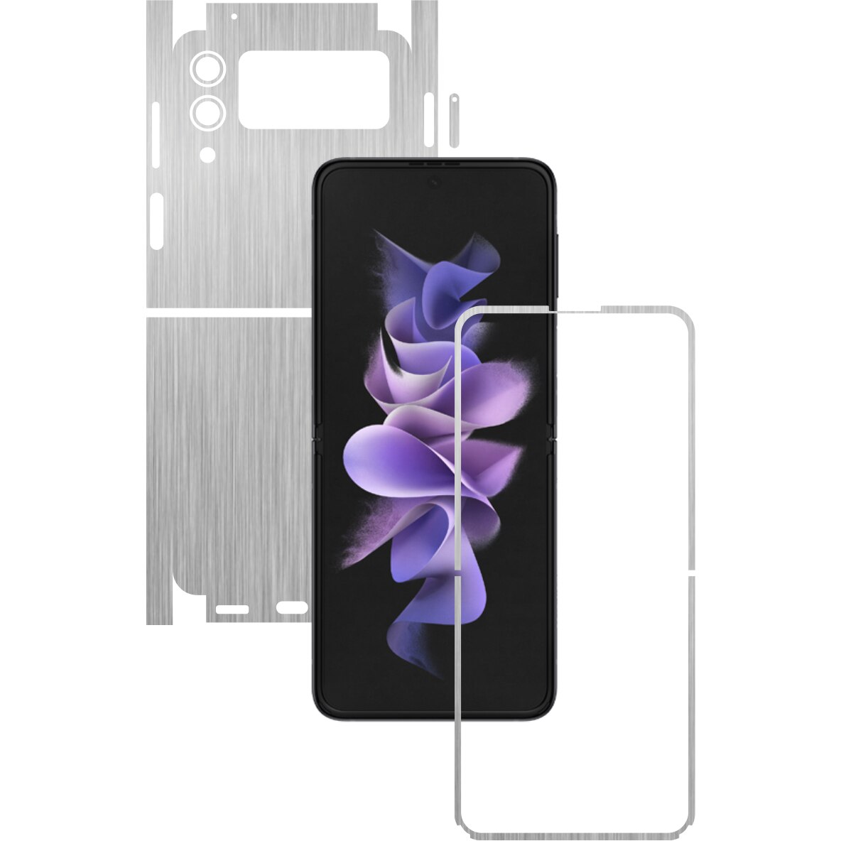 Folie Protectie Carbon Skinz pentru Samsung Galaxy Z Flip3 5G - Brushed Argintiu 360 Cut, Skin Adeziv Full Body Cover pentru Rama Ecran, Carcasa Spate si Laterale