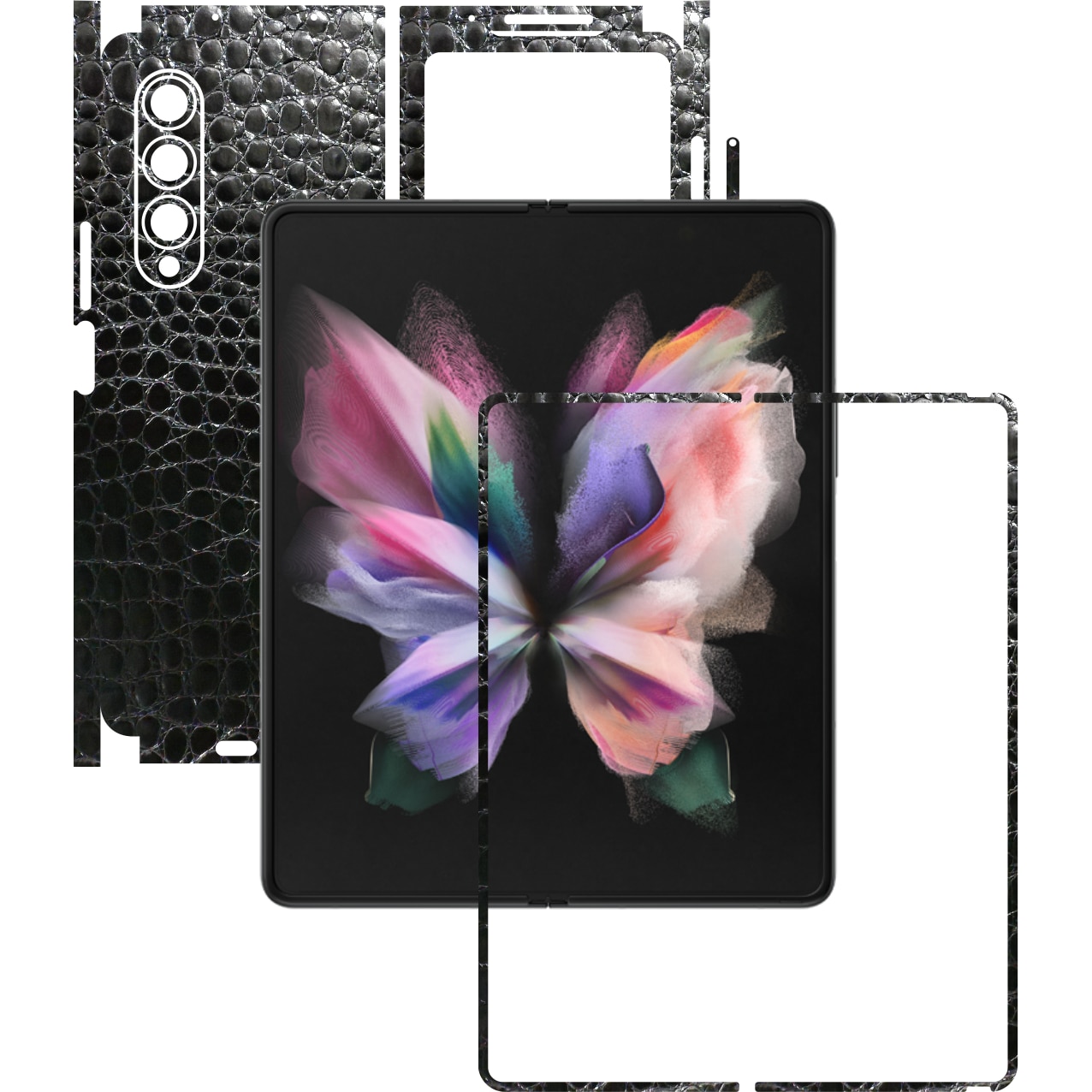 Folie Protectie Carbon Skinz pentru Samsung Galaxy Z Fold3 5G - Piele Neagra Crocodil 360 Cut, Skin Adeziv Full Body Cover pentru Rama Ecran, Carcasa Spate si Laterale
