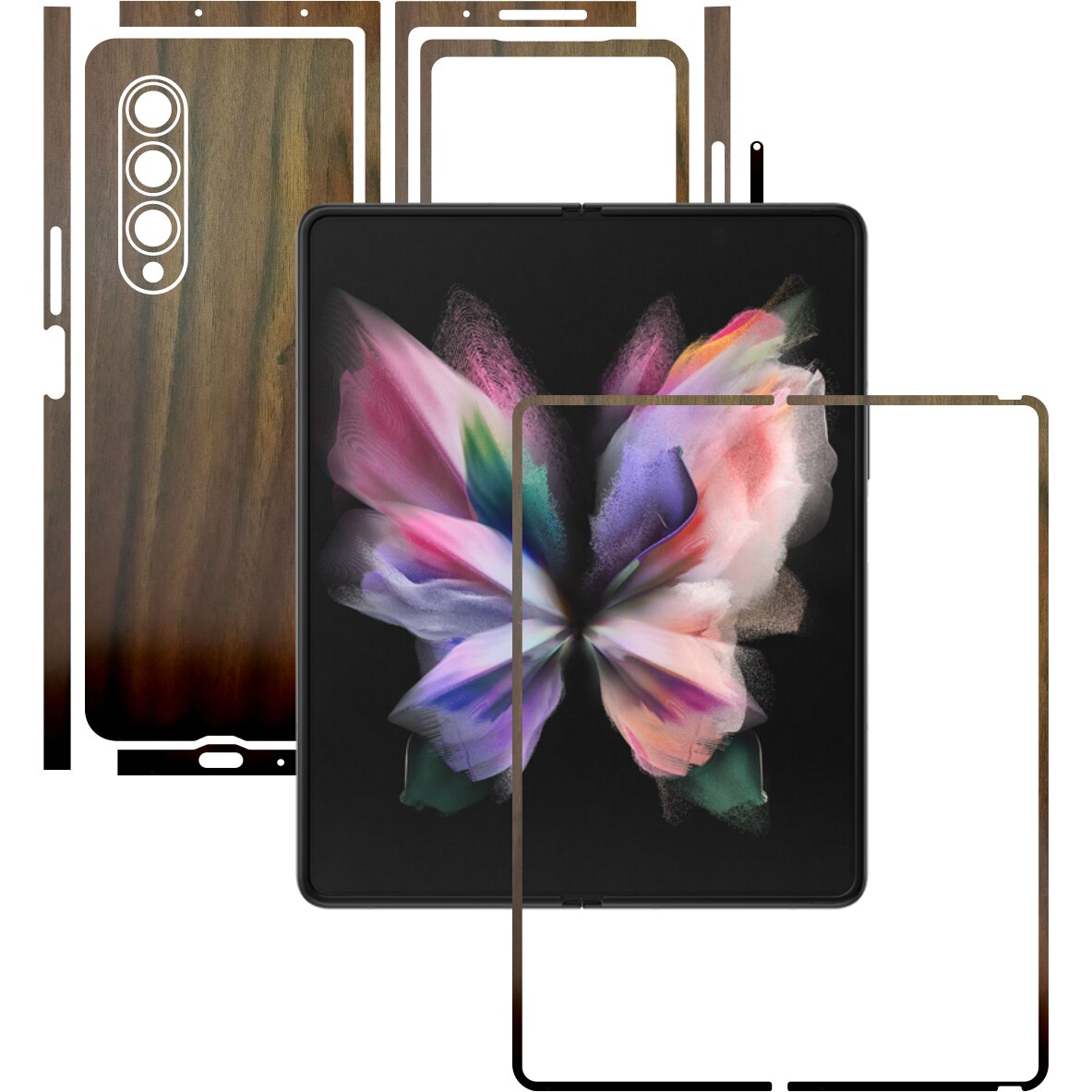 Folie Protectie Carbon Skinz pentru Samsung Galaxy Z Fold3 5G - Lemn Nuc Split Cut, Skin Adeziv Full Body Cover pentru Rama Ecran, Carcasa Spate si Laterale