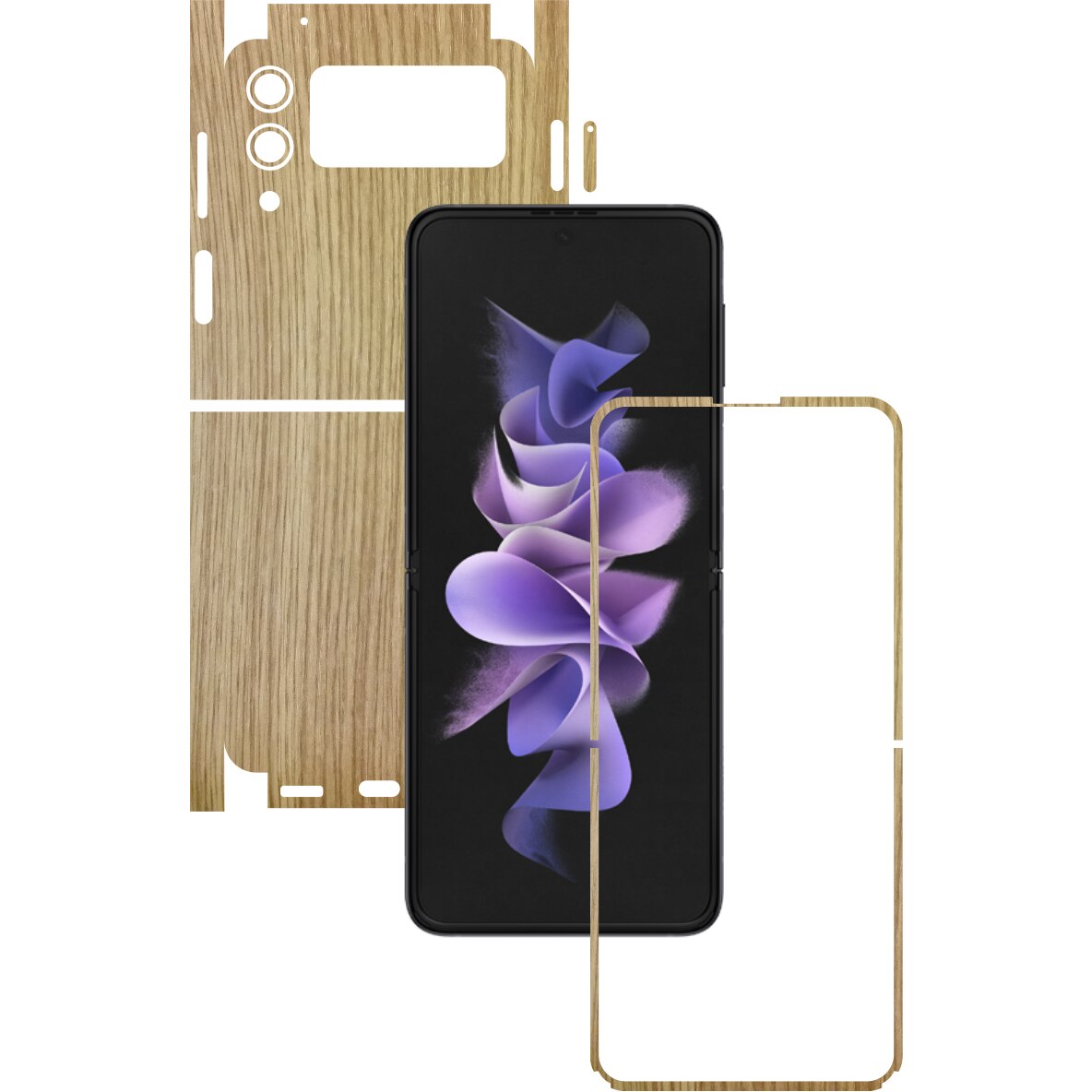 Folie Protectie Carbon Skinz pentru Samsung Galaxy Z Flip3 5G - Lemn Stejar 360 Cut, Skin Adeziv Full Body Cover pentru Rama Ecran, Carcasa Spate si Laterale