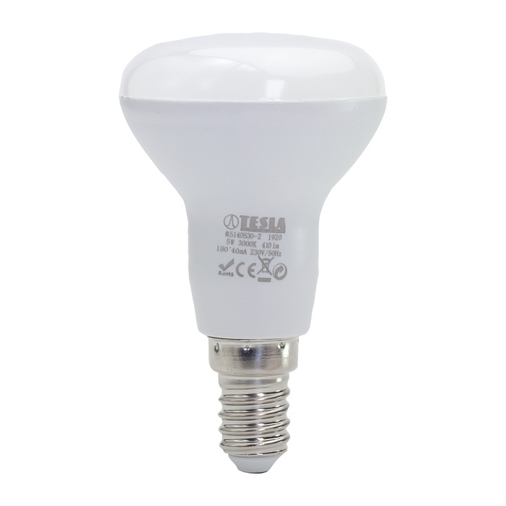 LED рефлекторна крушка, R50, TESLA Lighting, 5W, E14, 230V, 450 lm, 25 000h, топла светлина 3000K, 180º