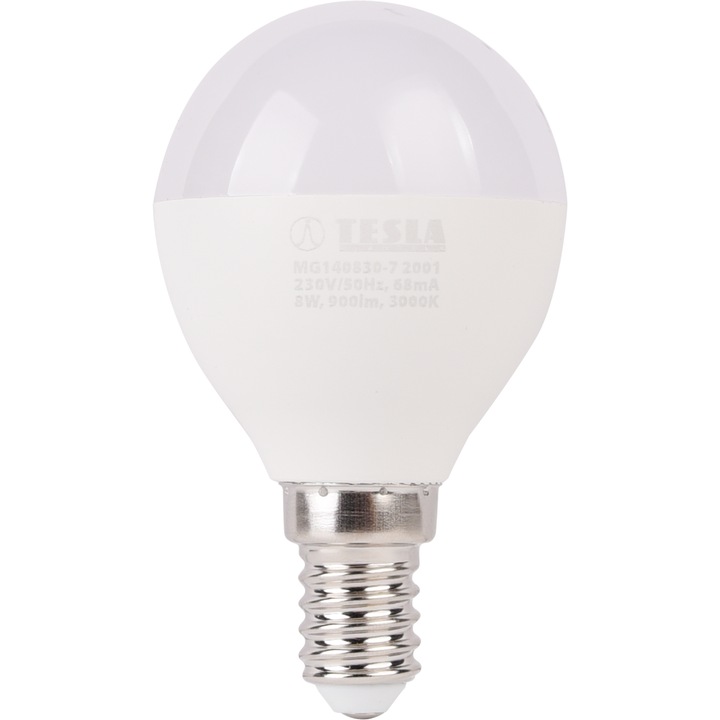TESLA Lighting LED крушка, Mini GLOB, 8 W, E14, 230 V, 900 lm, топла светлина 3000 K, 180º, еквивалент на класическа крушка 60 W