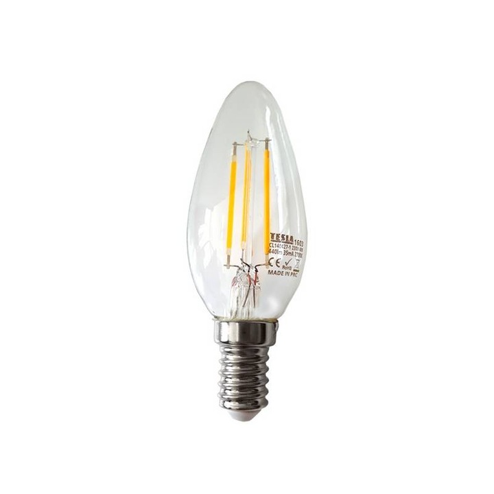 Led крушка Crystal Retro Filament Candle, TESLA Lighting, 4W, E14, 230V, 470 lm, 15 000h, топла светлина 2700K, 360º, еквивалент на класическа крушка 40W