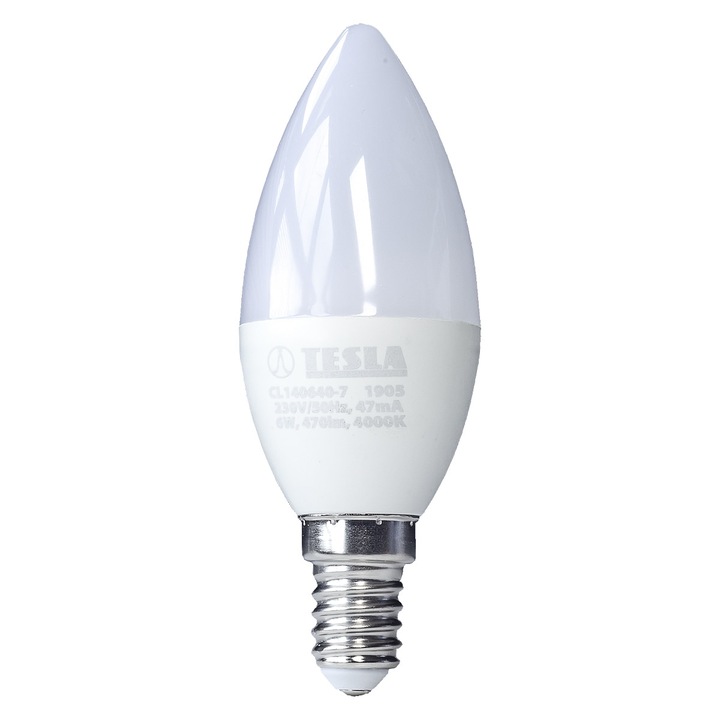 Led крушка Candle, TESLA Lighting, 6W, E14, 230V, 470 lm, 25 000h, неутрална светлина 4000K, 180º, еквивалентна на класическа крушка 40W
