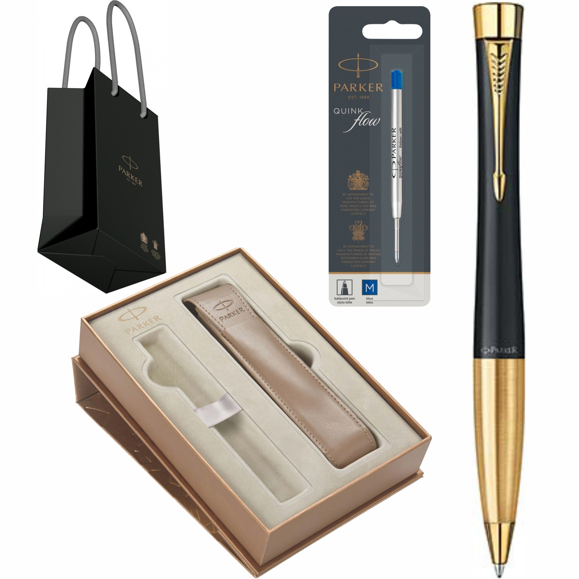Set Parker Pix Urban Standard Muted Black GT Personalizat prin Gravura Laser in Cutie cu Etui Premium, cu rezerva mina pix Quink Flow Blue si punga
