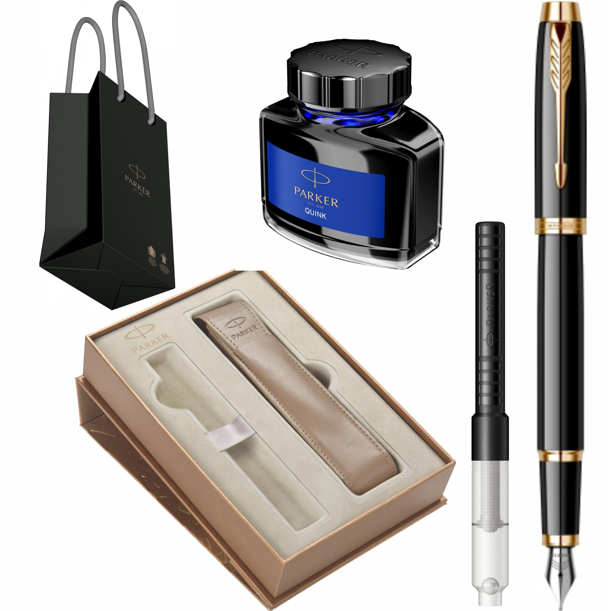 Set Parker Stilou IM Royal Black Lacquer GT Personalizat prin Gravura Laser in Cutie cu Etui Premium, cu convertor, calimara cerneala si punga