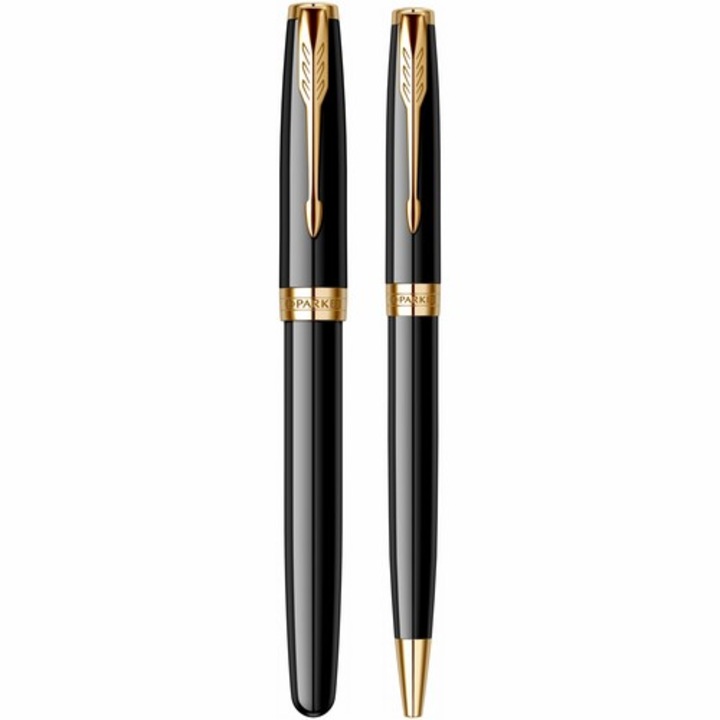 Set Parker Stilou Pix Sonnet Royal Black GT cu gravura laser inclusa, cutie duo, cu convertor montat, etui Leather Black, rezerva mina pix Quink Flow Blue, calimara cerneala si punga