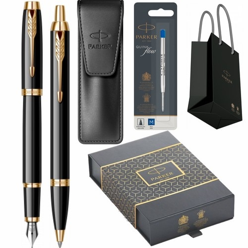 Set Parker Stilou Pix IM Royal Black Lacquer GT Personalizat prin Gravura Laser in cutie duo, cu etui Leather Black, rezerva mina pix Quink Flow Blue si punga