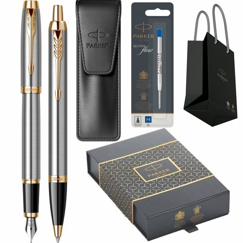 Set Parker Stilou Pix IM Royal Brushed Metal GT Personalizat prin Gravura Laser in cutie duo, cu etui Leather Black, rezerva mina pix Quink Flow Blue si punga