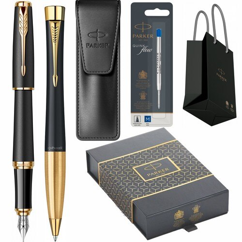 Set Parker Stilou Pix Urban Muted Black GT Personalizat prin Gravura Laser in cutie duo, cu etui Leather Black, rezerva mina pix Quink Flow Blue si punga
