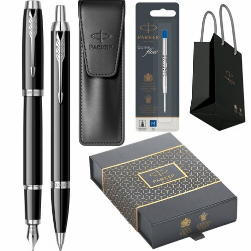 Set Parker Stilou Pix IM Royal Black Lacquer CT Personalizat prin Gravura Laser in cutie duo, cu etui Leather Black, rezerva mina pix Quink Flow Blue si punga