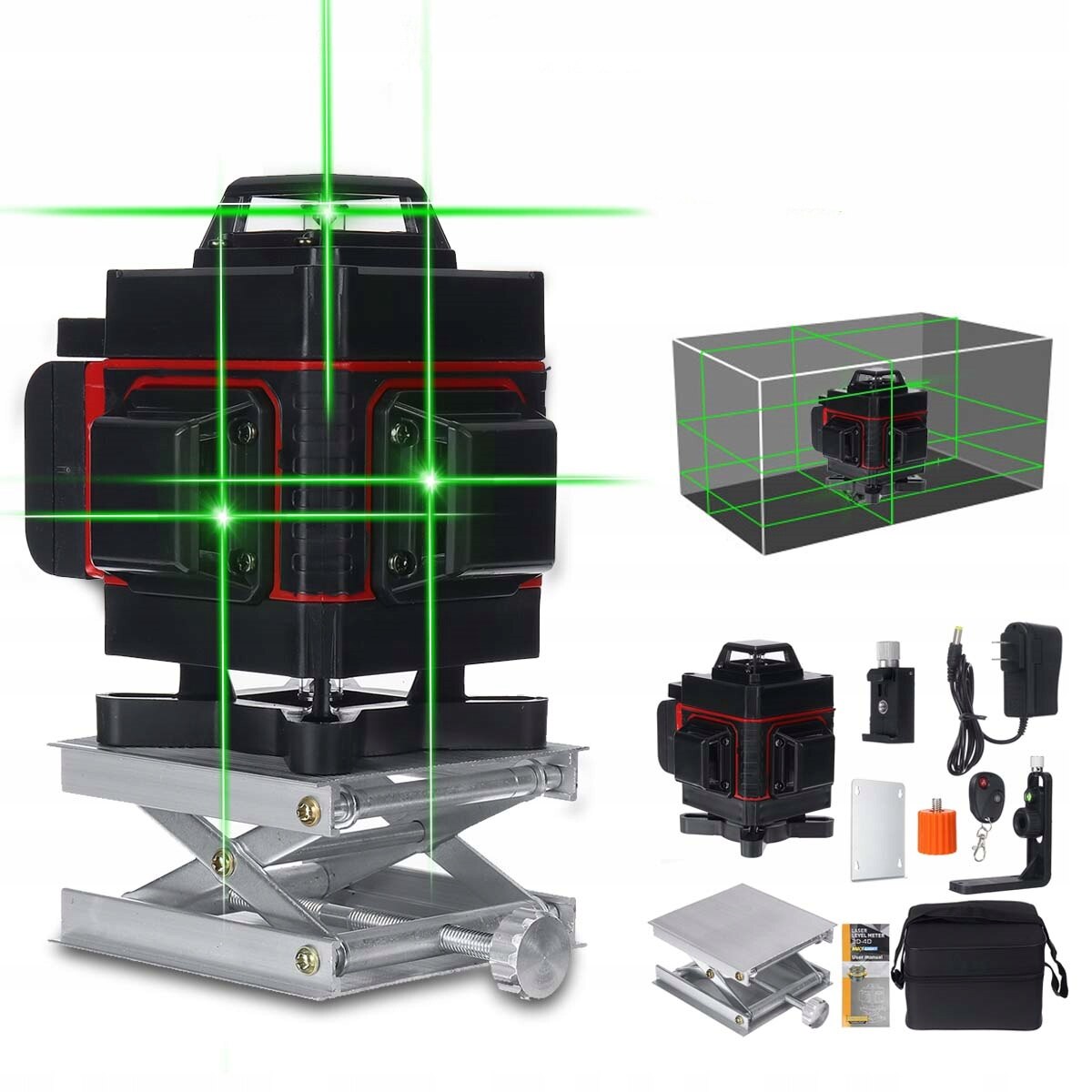 Nivela laser cu 16 linii, Lumina verde, Aluminiu, Negru/Rosu