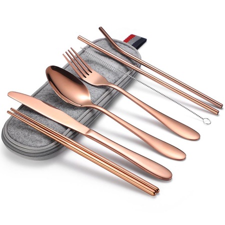 Set tacamuri inox, Quasar & Co.®, pentru birou, calatorii, camping, 7 piese in husa depozitare, 24 x 7 cm, Rose Gold