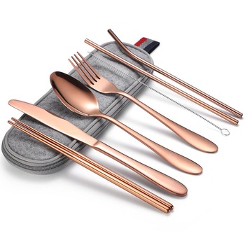 Set tacamuri inox, Quasar & Co., pentru birou, calatorii, camping, 7 piese in husa depozitare, 24 x 7 cm, Rose Gold Set tacamuri inox, Quasar & Co., pentru birou, calatorii, camping, 7 piese in husa depozitare, 24 x 7 cm, Rose Gold