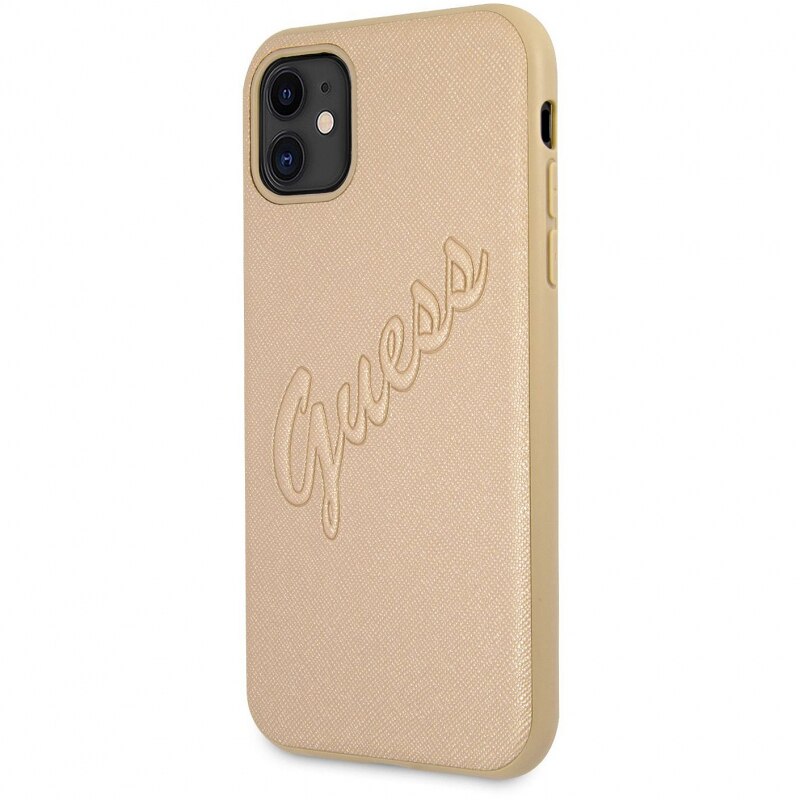 Husa de protectie Guess Saffiano Vintage Script pentru Apple iPhone 11, Auriu