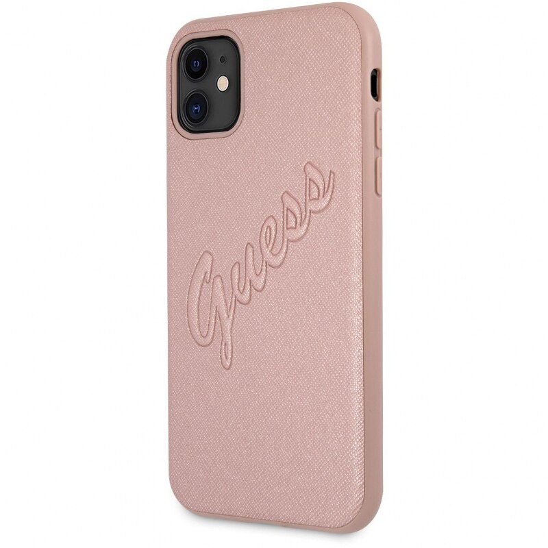 Husa de protectie Guess Saffiano Vintage Script pentru Apple iPhone 11, Roz Auriu