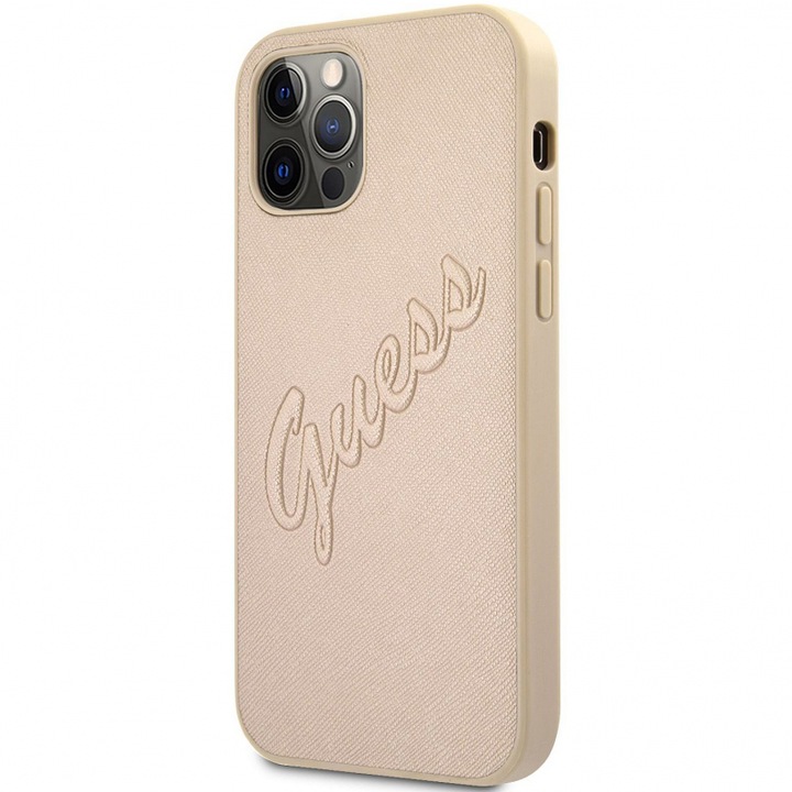 Husa de protectie Guess Saffiano Vintage Script pentru Apple iPhone 12 Pro Max, Auriu
