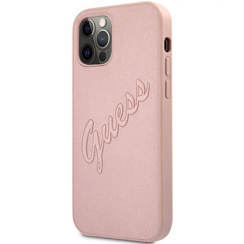 Husa de protectie Guess Saffiano Vintage Script pentru Apple iPhone 12 Pro Max, Roz Auriu