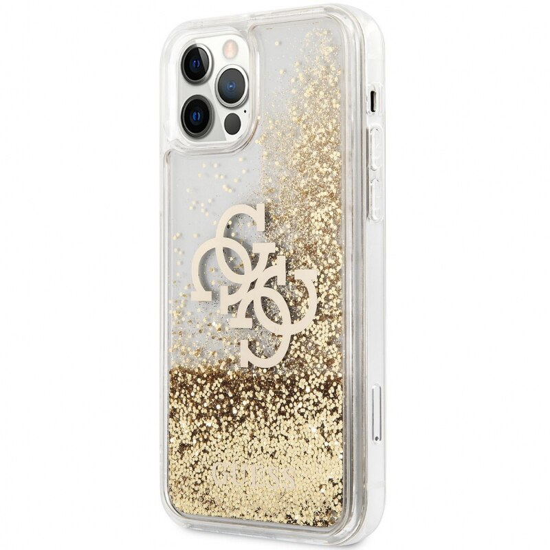Husa de protectie Guess Big 4G Liquid Glitter Gold pentru Apple iPhone 12 Pro Max, Auriu Transparenta