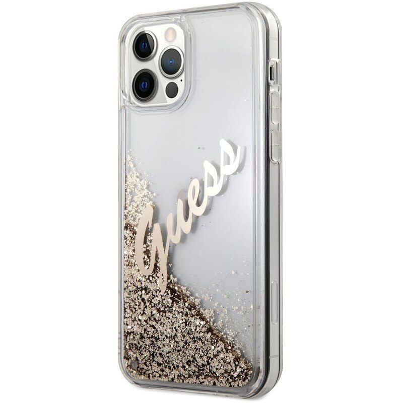 Husa de protectie Guess Liquid Glitter Vintage Script pentru Apple iPhone 12/12 Pro, Auriu