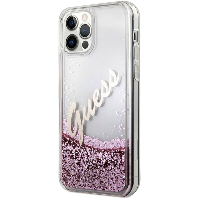 Husa de protectie Guess Liquid Glitter Vintage Script pentru Apple iPhone 12 Pro Max, Roz
