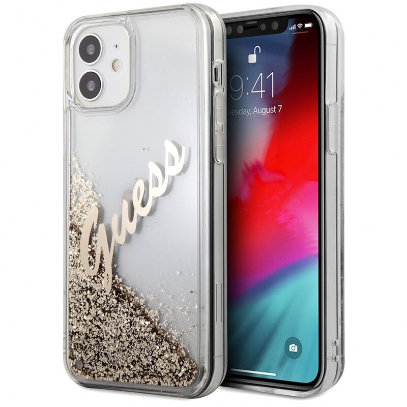 Husa de protectie Guess Liquid Glitter Vintage Script pentru Apple iPhone 12 mini, Auriu
