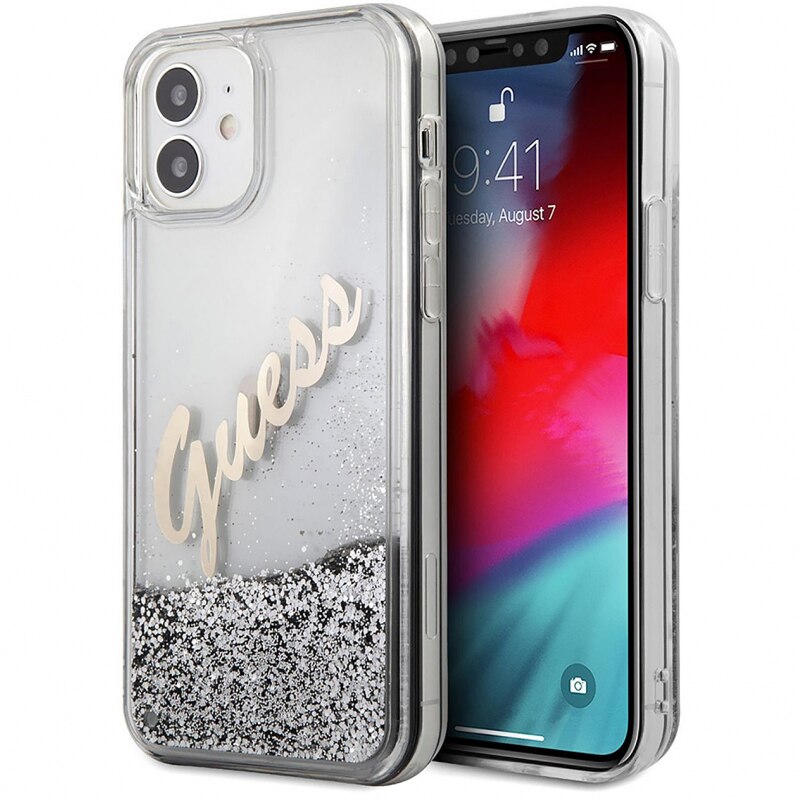 Husa de protectie Guess Liquid Glitter Vintage Script pentru Apple iPhone 12 mini, Argintiu