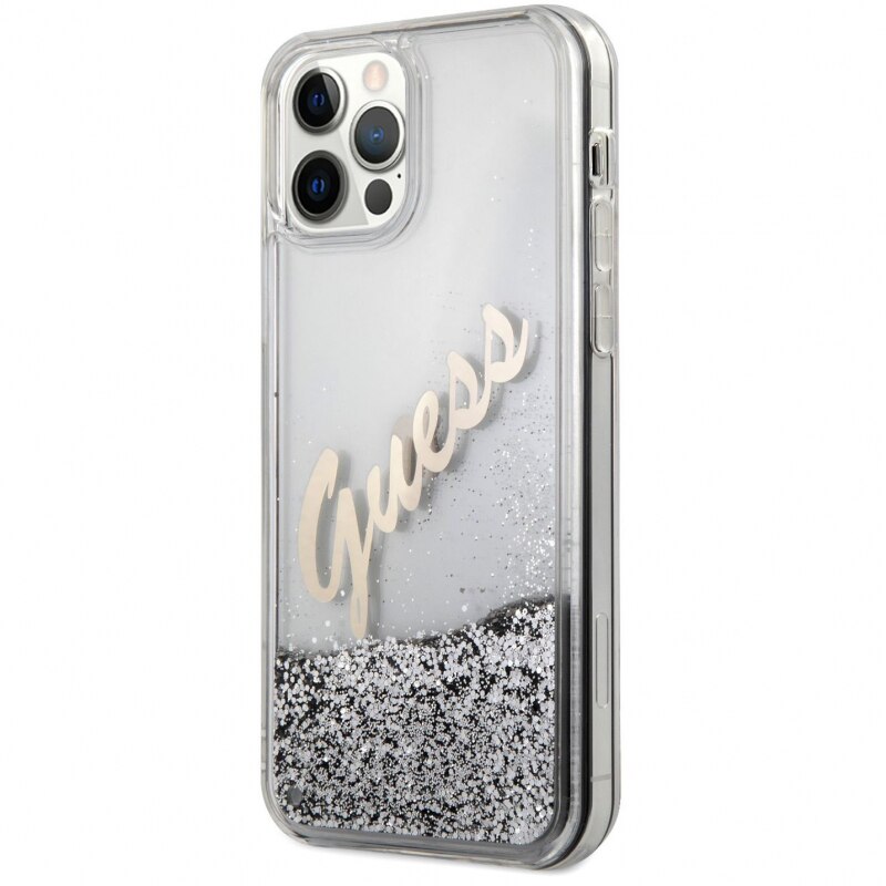 Husa de protectie Guess Liquid Glitter Vintage Script pentru Apple iPhone 12/12 Pro, Argintiu