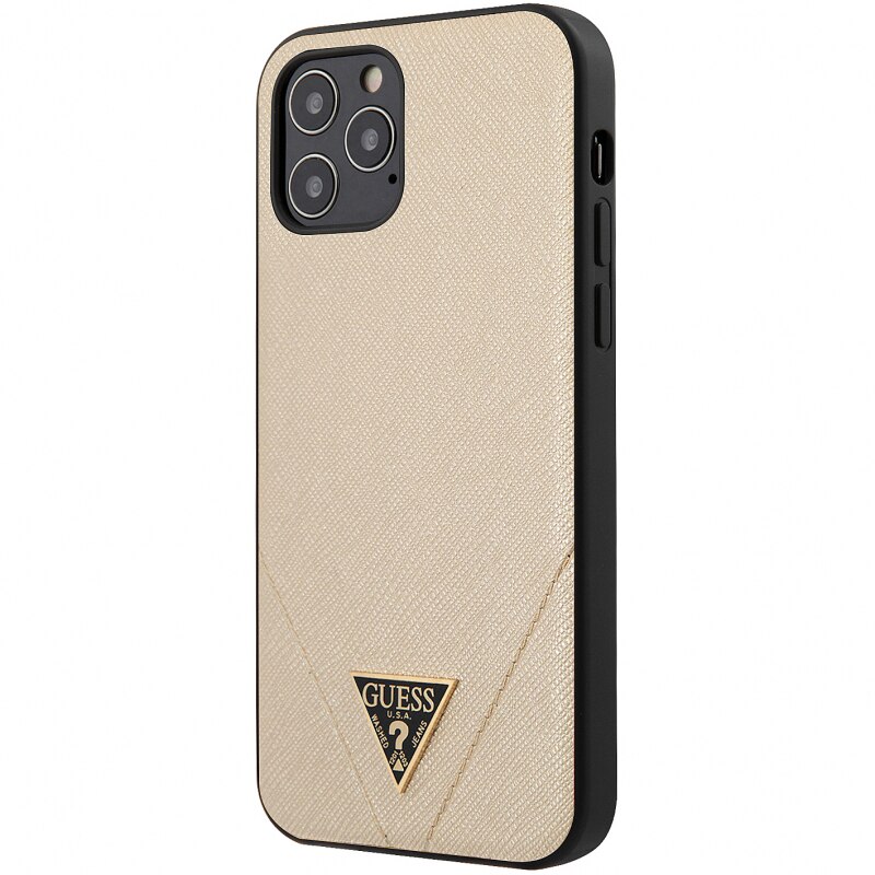 Husa de protectie Guess Saffiano V Stitch pentru Apple iPhone 12/12 Pro, Auriu