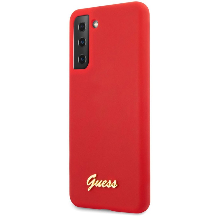 Guess Silicone Metal Logo Script védőtok Samsung Galaxy S21 + 5G, piros