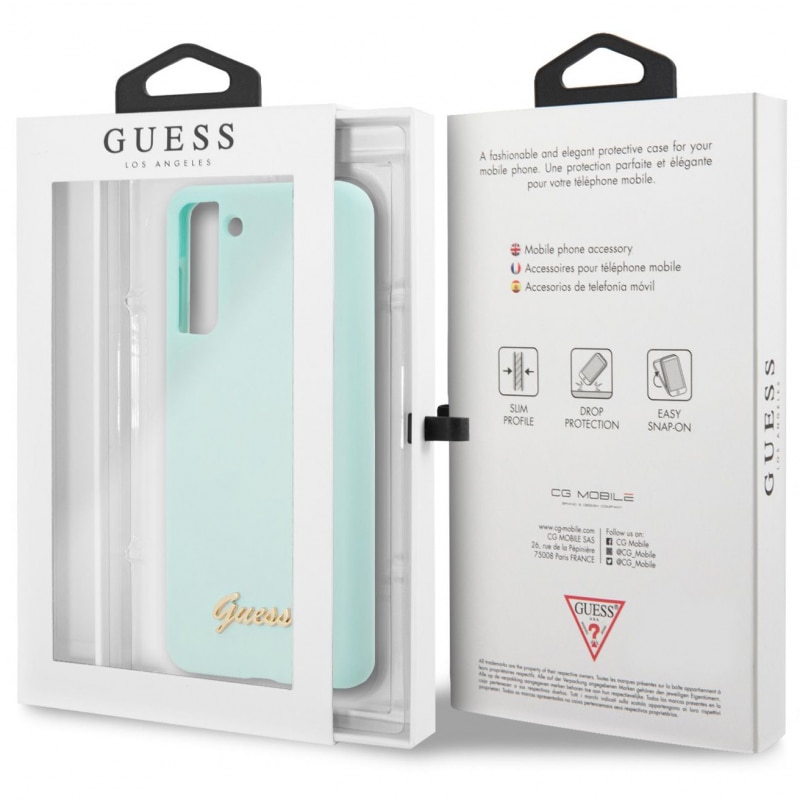 Husa de protectie Guess Silicone Metal Logo Script pentru Samsung Galaxy S21+ 5G, Vernil