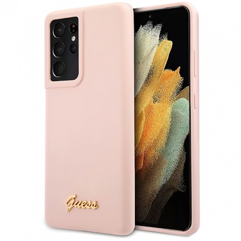 Husa de protectie Guess Silicone Metal Logo Script pentru Samsung Galaxy S21 Ultra 5G, Roz Husa de protectie Guess Silicone Metal Logo Script pentru Samsung Galaxy S21 Ultra 5G, Roz