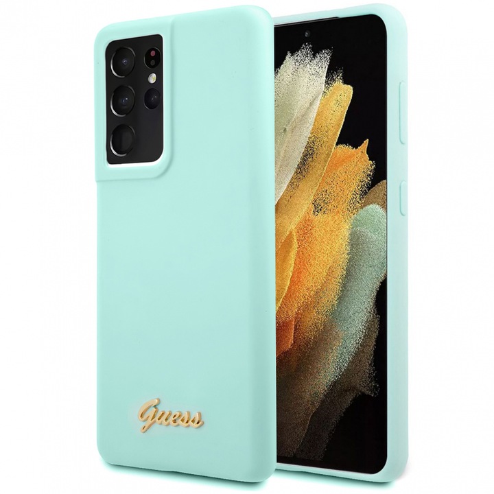 Калъф Guess Silicone Metal Logo Script за Samsung Galaxy S21 Ultra 5G, Teal