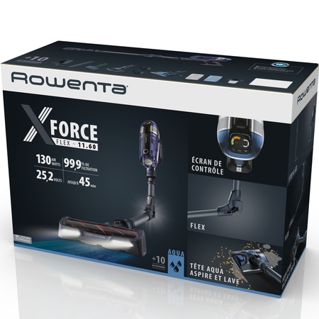 Aspirator vertical Rowenta X-Force 11.60 RH9898WO, 52W, 25.2V, autonomie pana la 45 min, putere de aspirare 130 AirWats, tehnologie ciclonica, kit accesorii Aqua, Animal Care, albastru/gri