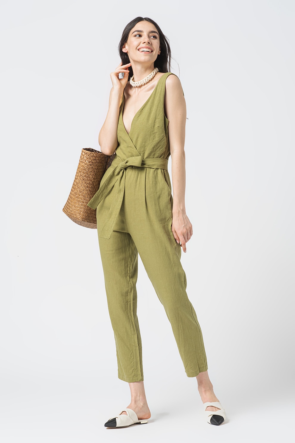 Pepe Jeans London, Къс гащеризон с лен Marais, Маслина, L