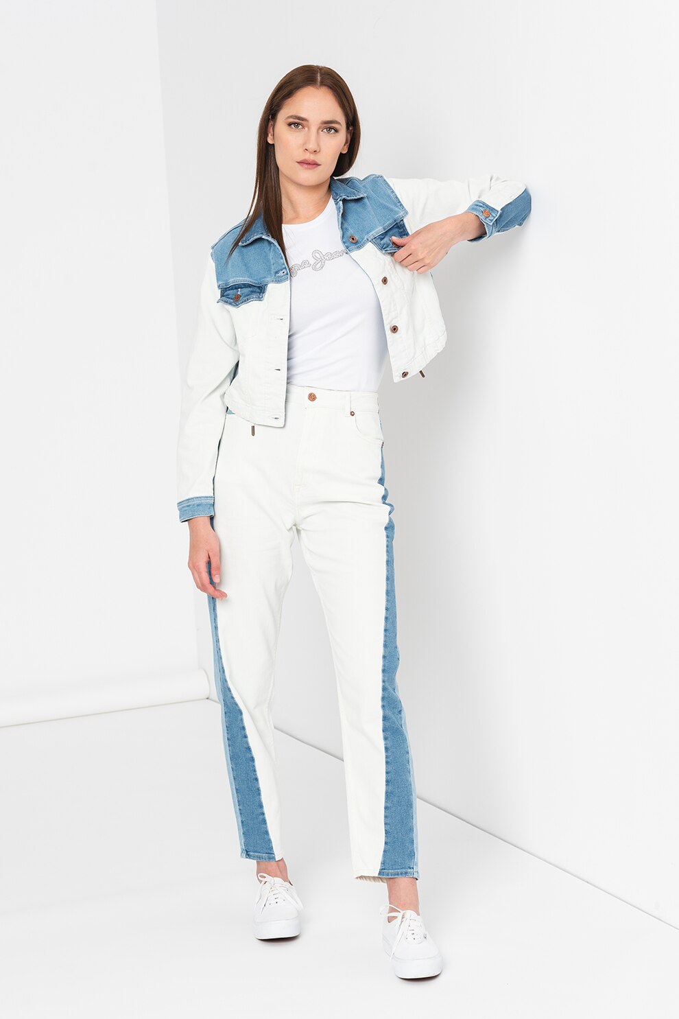 PEPE JEANS カラーブロックジャケット Pepe Jeans London, Jacheta crop colorblock de denim, Alb prafuit